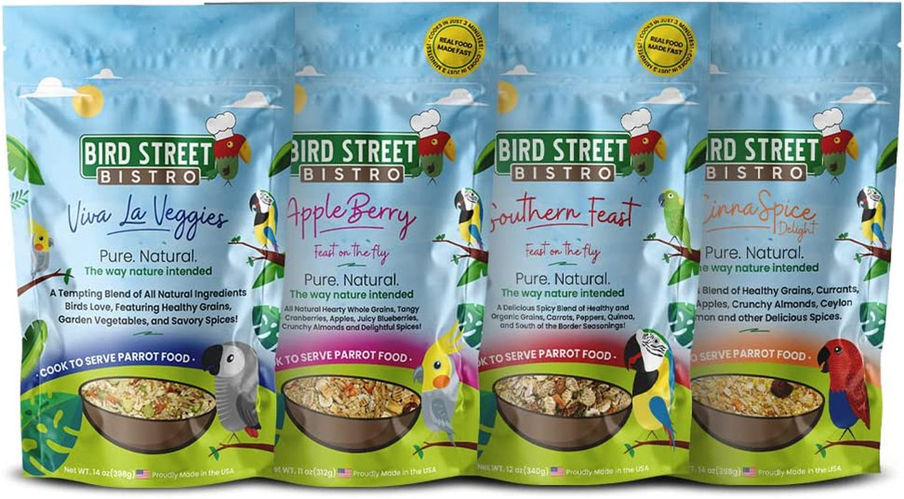 Parrot Food Sample 4 Pack - Parakeet Food - Cockatiel Food - Bird Food - Cooks in 3-15 Min W/Natural & Organic Grains - Healthy, Non-Gmo Fruits, Healthy Orientated Spices