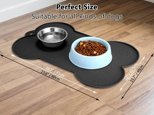 Dog Bowl Mat,  Dog Mat for Food and Water Pet Cat Large Small Silicone Rubber Plastic Waterproof Feeding Eating Dish Placemat Trays with Edges Lip for Floor, 23.6"X15.7", Black