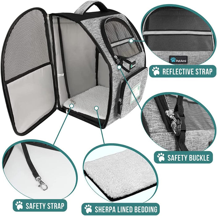 Deluxe Pet Carrier Backpack for Small Cats and Dogs, Puppies | Ventilated Design, Two-Sided Entry, Safety Features and Cushion Back Support | for Travel, Hiking, Outdoor Use (Heather Gray)