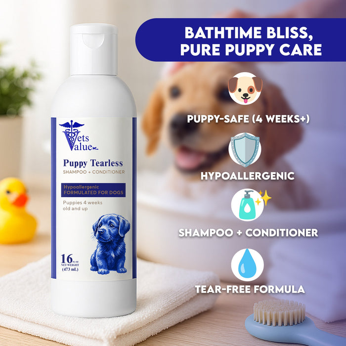 Vets Value Puppy Tearless Shampoo + Conditioner 16oz - Hypoallergenic Dog Wash for Puppies 4 Weeks & Up Gentle Formula Soothes Sensitive Skin, Softens Coat, Nourishing, Healthy Grooming - pH Balanced