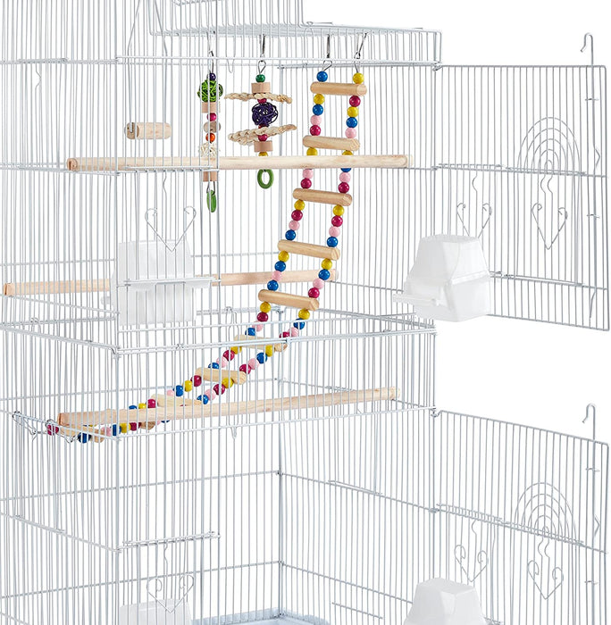 62.4-Inch Roof Top Flight Bird Cage for Parakeets Cockatiels Conures Finches Lovebirds Canaries Budgies Small Parrots, Large Birdcage with Detachable Rolling Stand, White