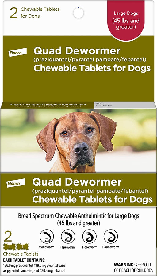 Elanco Chewable Quad Dewormer for Large Dogs, 45 Lbs and Over, 2 Chewable Tablets
