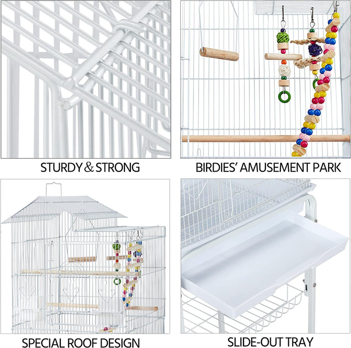 62.4-Inch Roof Top Flight Bird Cage for Parakeets Cockatiels Conures Finches Lovebirds Canaries Budgies Small Parrots, Large Birdcage with Detachable Rolling Stand, White