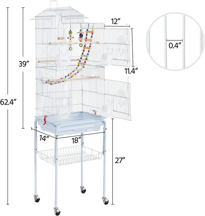 62.4-Inch Roof Top Flight Bird Cage for Parakeets Cockatiels Conures Finches Lovebirds Canaries Budgies Small Parrots, Large Birdcage with Detachable Rolling Stand, White