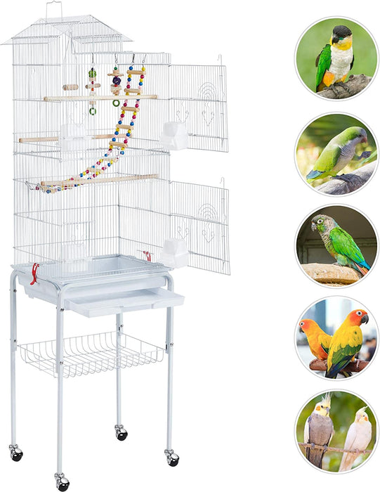 62.4-Inch Roof Top Flight Bird Cage for Parakeets Cockatiels Conures Finches Lovebirds Canaries Budgies Small Parrots, Large Birdcage with Detachable Rolling Stand, White