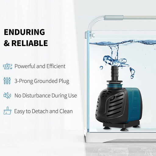 Aquarium 550 GPH Submersible and Inline Water Pump 45W 6.5Ft High Lift AC 120 V Quiet Compact Return Pump with 6 Ft. Power Cord for Fish Tanks Pond Waterfalls Fountains Sumps and Gardens