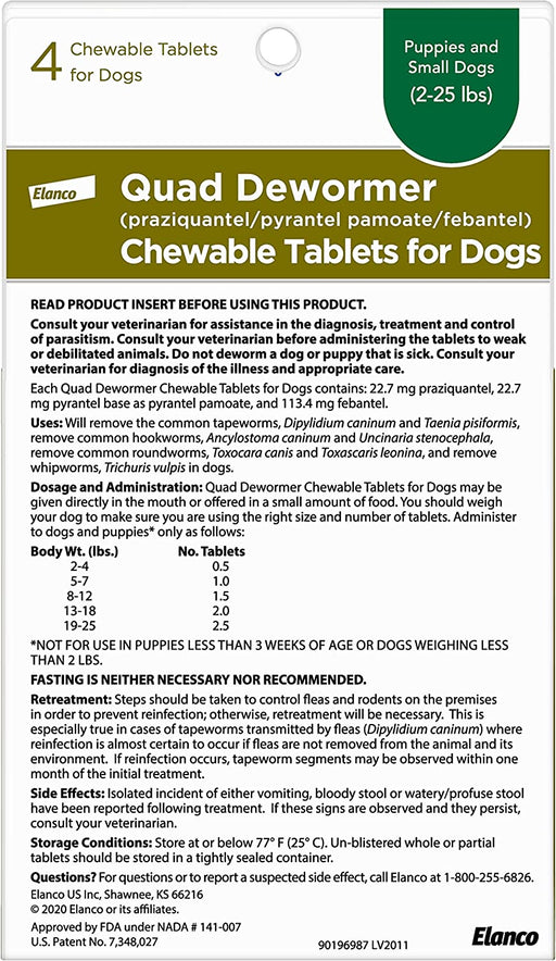 Elanco Chewable Quad Dewormer for Small Dogs, 2-25 Lbs, 4 Chewable Tablets, White
