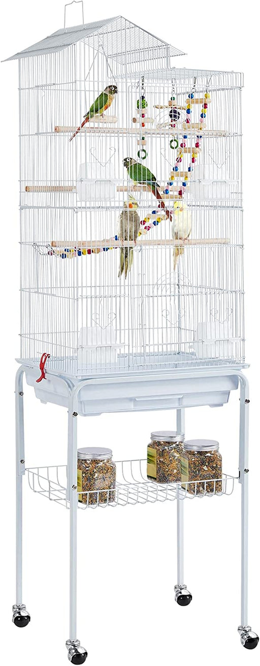 62.4-Inch Roof Top Flight Bird Cage for Parakeets Cockatiels Conures Finches Lovebirds Canaries Budgies Small Parrots, Large Birdcage with Detachable Rolling Stand, White