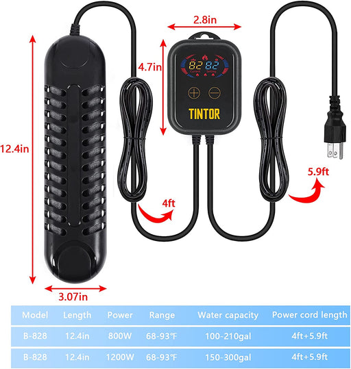 Submersible Aquarium Heater, 800W/1200W Fish Tank Heater, Double Tube Heating, Rapid Heating and Energy Saving, LED Digital Temperature Controller, Suitable for Sea Water and Fresh Water(1200W)