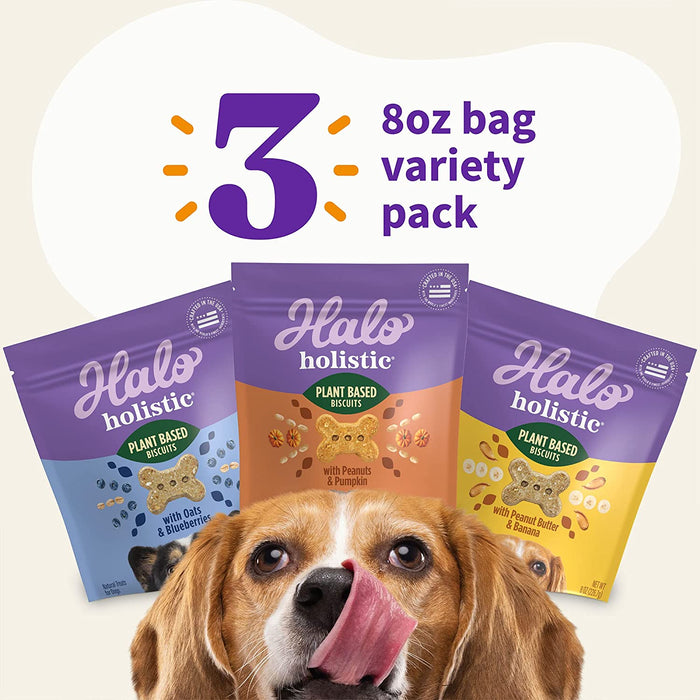 Halo Plant-Based Dog Treats Variety Pack, Oats & Blueberries, Peanut Butter & Banana, Peanuts & Pumkin, Vegan Dog Treat Pouch, 8Oz Bag, 3 Count