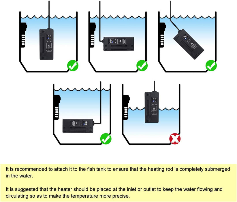 Aquarium Heater 100W Submersible Fish Tank 10-40 Gallon Heater Betta Turtle Adjust Thermostat Water Heater 68 to 94°F Fast Heating Temperature Controller LED Display